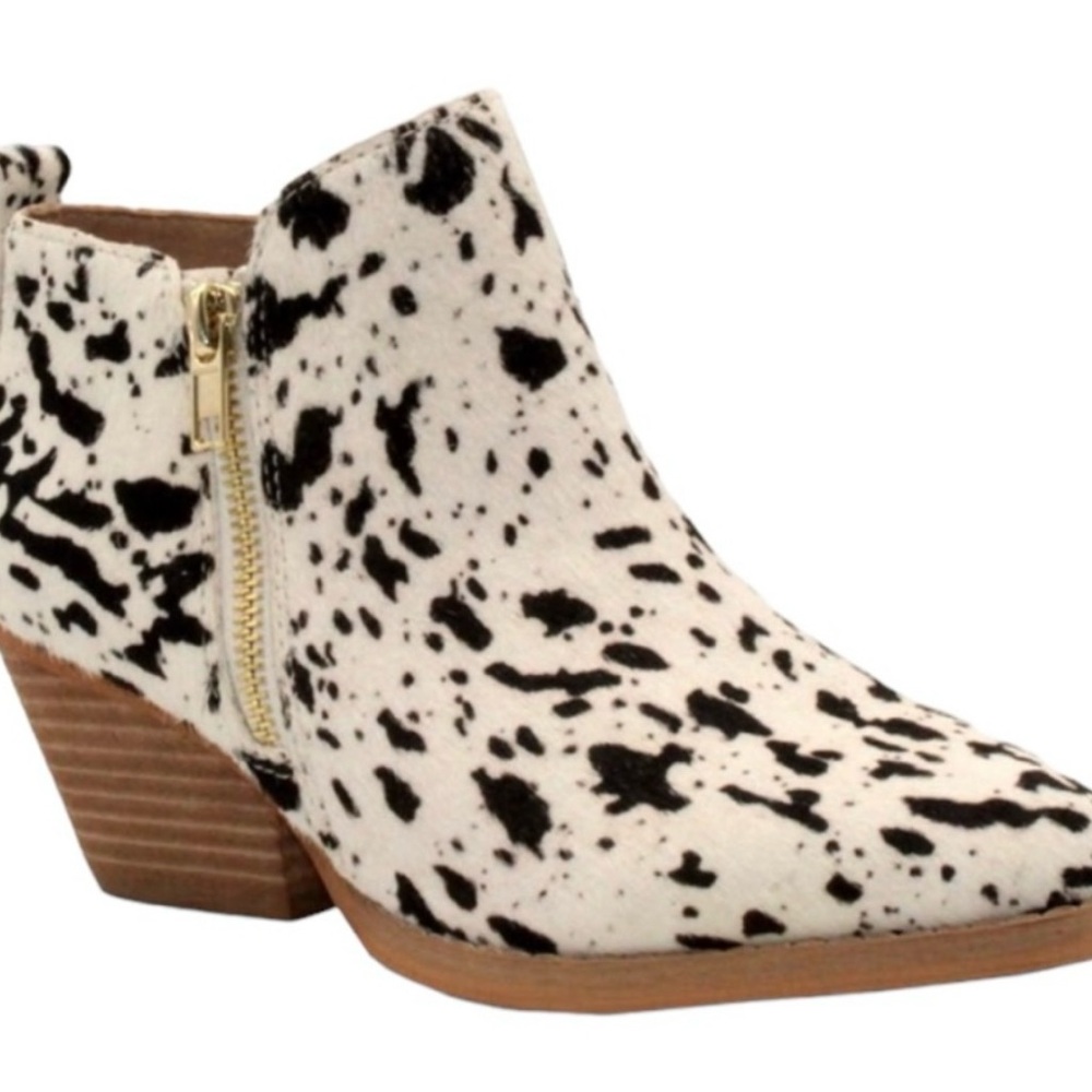 Very Volatile Black and White Cow Print Ankle Booties